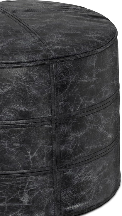 SIMPLIHOME Connor Boho Round Pouf in Distressed Black Genuine Leather for the Living Room, Bedroom and Kids Room