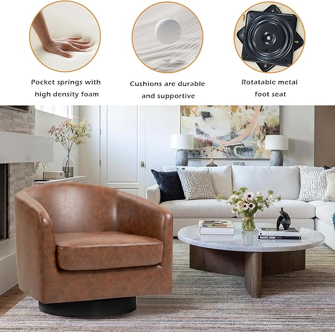Lumibee Swivel Accent Chairs Set of 2, Faux Leather Swivel Barrel Chairs for Living Room, Modern Comfy Upholstered Round Armchairs Single Sofa Chairs for Bedroom, Club-Coffee