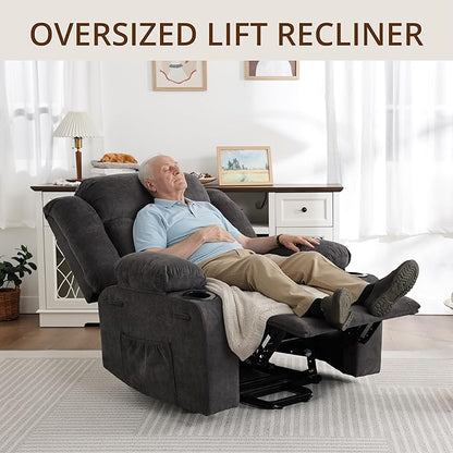 Dual Motor Power Lift Recliner for Elderly, Large Electric Lift Recliner with Massage and Heat, Cup Holders, Side Pocket, Fabric(Dark Grey)