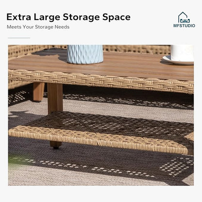 MFSTUDIO Wicker Patio Furniture Set, L Shaped Outdoor Couch Set, Rattan Outdoor Sectional Sofa with Acacia Wood Coffee Table, 3 Pieces Small Patio Conversation Set for Backyard, Navy Blue