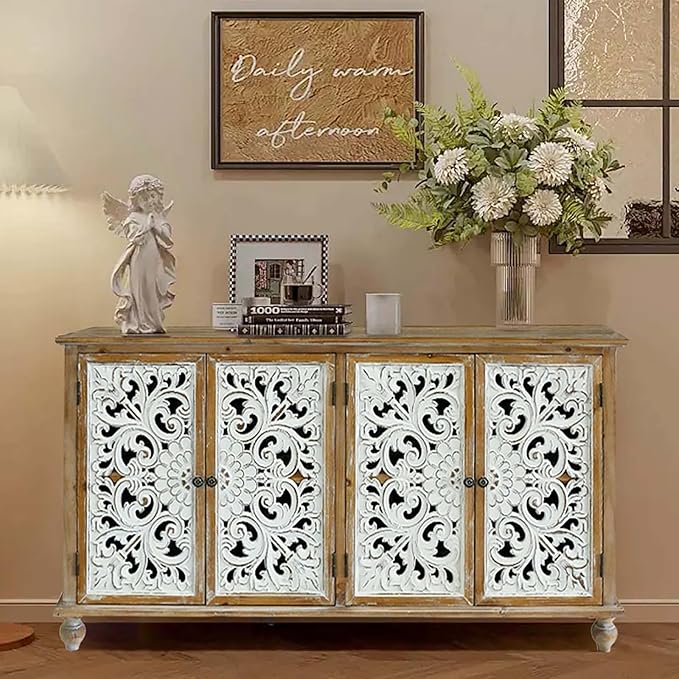 Accent Cabinet with 4 Doors, Hollow Carved Storage Sideboard, Wood Buffet Cabinet for Living Room, Dining Room, Entryway (4-Door 2 Compartment)