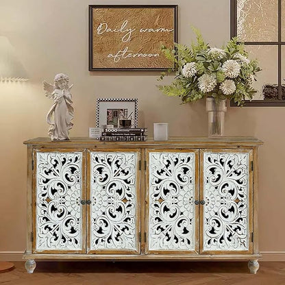Accent Cabinet with 4 Doors, Hollow Carved Storage Sideboard, Wood Buffet Cabinet for Living Room, Dining Room, Entryway (4-Door 2 Compartment)