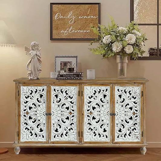 Accent Cabinet with 4 Doors, Hollow Carved Storage Sideboard, Wood Buffet Cabinet for Living Room, Dining Room, Entryway (4-Door 2 Compartment)