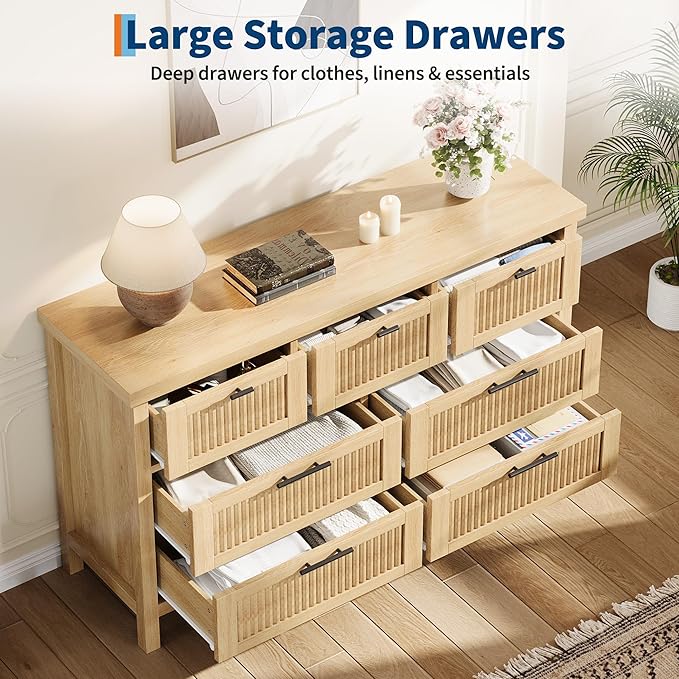 GarveeHome Fluted 7 Drawer Dresser for Bedroom, 47.4 in Wide Mid Century Modern Chest of Drawers, Wooden Fluted Dresser Chest with Clothes Storage Cabinet, Organizer for Bedroom, Living Room, Natural