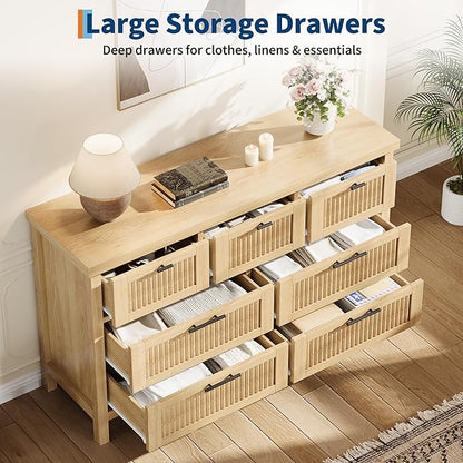 GarveeHome Fluted 7 Drawer Dresser for Bedroom, 47.4 in Wide Mid Century Modern Chest of Drawers, Wooden Fluted Dresser Chest with Clothes Storage Cabinet, Organizer for Bedroom, Living Room, Natural