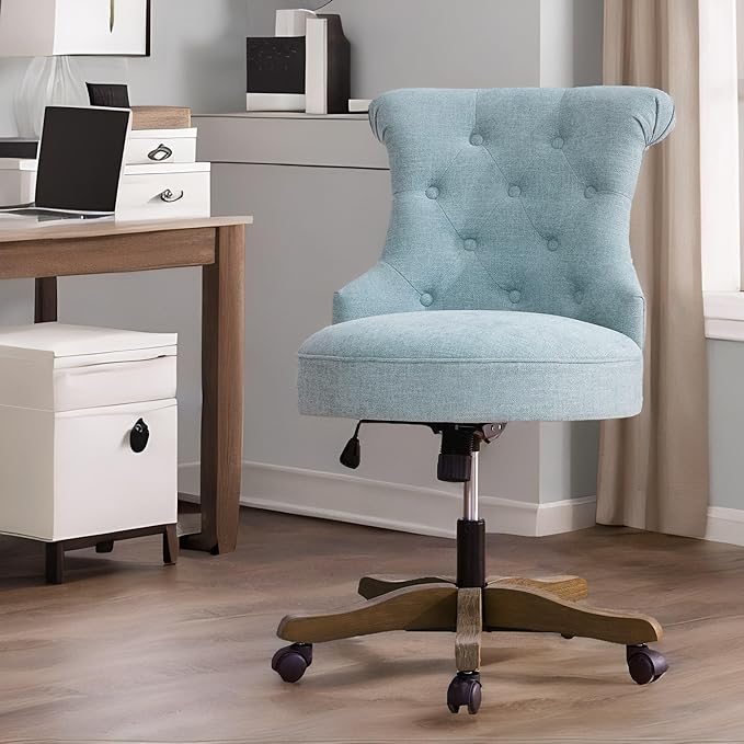 HUIMO Home Office Chair Upholstered Armless Desk Chair with Wheels Adjustable Height Computer Desk Chair with Wooden Legs Comfortable Linen Swivel Chairs for Home Office Study Studio (Teal)