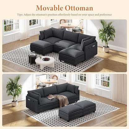 Vesgantti 109" U Shaped Cloud Sectional Sofa, Comfy Corduroy Upholstered Sectional Modular Sofas for Living Room, Modern Modular Couch with 2 Ottoman Deep Seat, Dark Grey