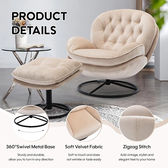 360° Swivel Modern Velvet Accent Chair with Ottoman | Mid-Century Button Tufted Lounge Chair for Living Room & Bedroom, Beige