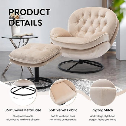 360° Swivel Modern Velvet Accent Chair with Ottoman | Mid-Century Button Tufted Lounge Chair for Living Room & Bedroom, Beige