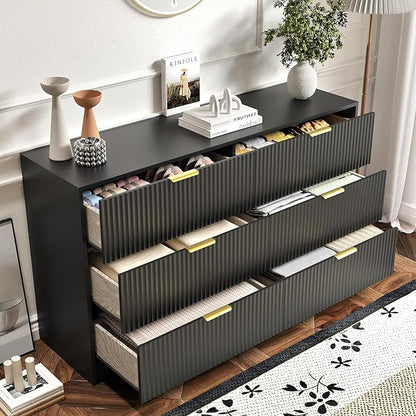 3-Piece Modern Bedroom Furniture Set, Wide 6-Drawer Dresser & 1-Drawer Nightstands Set of 2, Natural Wood Dresser and Nightstand Sets for Bedroom, Hallway, Black