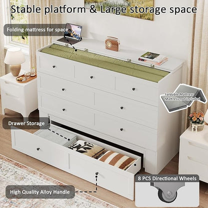 Queen Murphy Bed with Storage & Charging Station, Murphy Cabinet with Foldable Panel, Noisy Free, for Guest Bedroom, Living Room, Office, Distressed White
