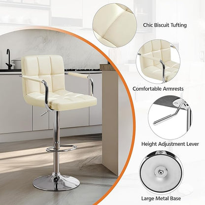 Yaheetech Bart Stools Set of 4, PU Leather Adjustable Barstools with Armrest, Counter Height Stool Chairs with Thickened Seat Cushion for Kitchen Island, Beige