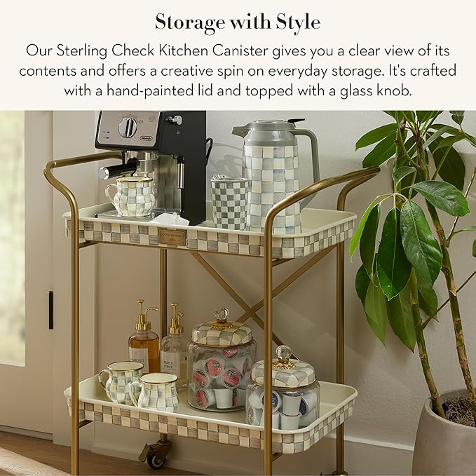 MACKENZIE-CHILDS Sterling Check Kitchen Canister, Decorative Gray-and-White Glass Storage Jar with Lid, Large