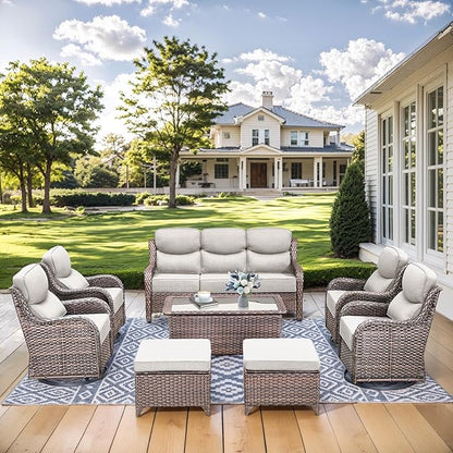HUMMUH 8 Pieces Wicker Patio Furniture Set with Patio Swivel Chairs Set of 4,High Back Outdoor Sofa Coffee Table Ottomans,6 Inch Thick Cushions Outdoor Conversation Set for Porch, Balcony, Deck