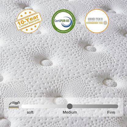 Queen Mattress, 14 Inch Hybrid Mattress in a Box, Memory Foam and Individual Pocket Springs, Fiberglass Free, Soft and Breathable, Medium Firm Feel