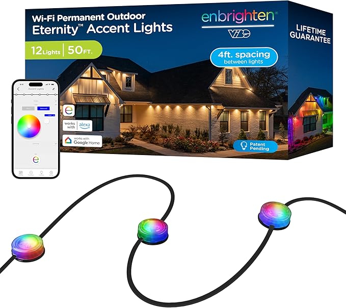 Enbrighten Vibe Eternity Accent Permanent Outdoor Lights for House, 50ft, 12 RGBWIC LEDs, Wide Spacing, 94lm, Tunable White, Everyday Eave Lighting, Smart App, Works with Alexa, Google Home, 85710