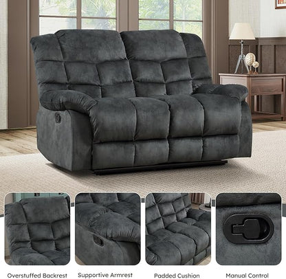 EBELLO Manual Loveseat Recliner for Living Room, Extra Wide Modern Overstuffed 2 Seat Reclining Couch Sofa, Breathable Fabric and Padded Cushion, Grey Green