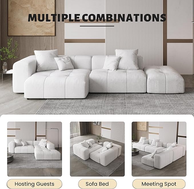 WJShome Modular Sectional Sofa,140inch Cloud Couch Deep Seat Sectional Couches for Living Room,Modern Linen Upholstered Loveseat Couch with Pillow for Home,White