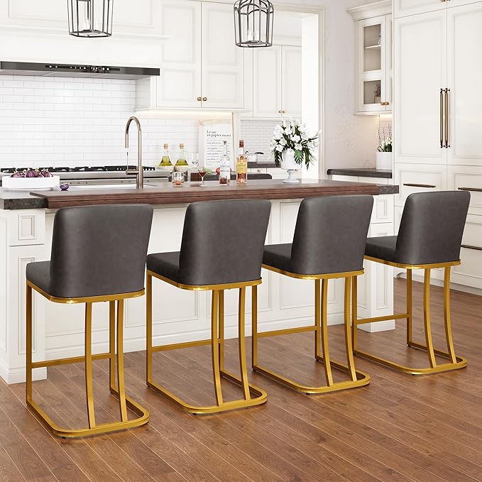 PHI VILLA Grey and Gold Bar Stools Set of 3, Faux Leather Counter Height Chairs, Kitchen Stools for Island, 24 Inch Barstools with Back