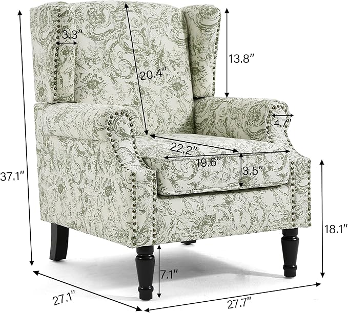 Wingback Accent Chairs Set of 2, High Back Upholstered Armchair, Printed Fabric Wingback Arms Chairs with Wood Legs, Single Sofa Reading Chair for Bedroom Living Room, Green Pattern