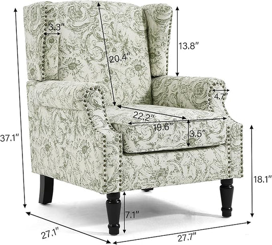 Wingback Accent Chairs Set of 2, High Back Upholstered Armchair, Printed Fabric Wingback Arms Chairs with Wood Legs, Single Sofa Reading Chair for Bedroom Living Room, Green Pattern