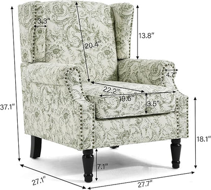Wingback Accent Chair, High Back Upholstered Armchair, Printed Fabric Wingback Arms Chairs with Wood Legs, Single Sofa Reading Chair for Bedroom Living Room, Green Pattern