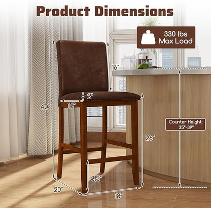 COSTWAY Counter Barstools Set of 2, 26 Inch Counter Height Stools with Upholstered Seat & Backrest, Armless High-Top Chairs with Rubberwood Legs for Kitchen Island, Dining Room, Pub