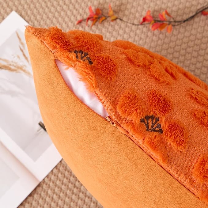 Kevin Textile Fall Floral Pillow Covers 18x18 Inch Set of 2 Cute Flowers Embroidery Decor Soft Plush Faux Fur Throw Pillows Pillowcases for Holiday Harvest Decor Sofa Couch Bedroom, Orange