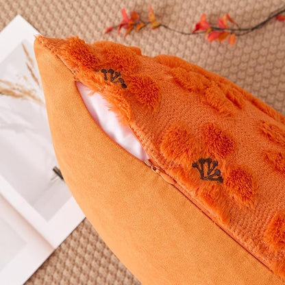 Kevin Textile Fall Floral Pillow Covers 18x18 Inch Set of 2 Cute Flowers Embroidery Decor Soft Plush Faux Fur Throw Pillows Pillowcases for Holiday Harvest Decor Sofa Couch Bedroom, Orange
