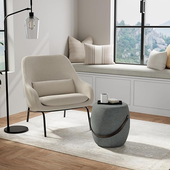 SIMPLIHOME Ramsay 16 inch Wide Contemporary Irregular Footstool in Grey Linen Look Fabric, Fully Assembled for the Living Room