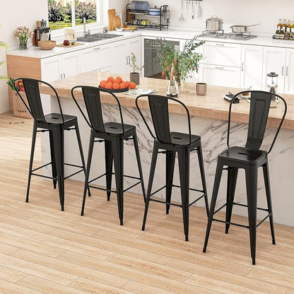 COSTWAY 30'' Metal Bar stools Set of 4, with Removable Back,Bar Height Stools with Rubber Feet, Stylish and Modern Chairs, for Kitchen, Dining Rooms, and Side Bar (Black-Update, 30'')