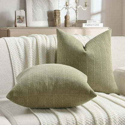 FUTEI Sage Green Chenille Throw Pillow Covers 18x18 Inch Set of 2,Soft Striped & Diamond Textured Cushion Cases,Modern Home Decor for Couch Living Room