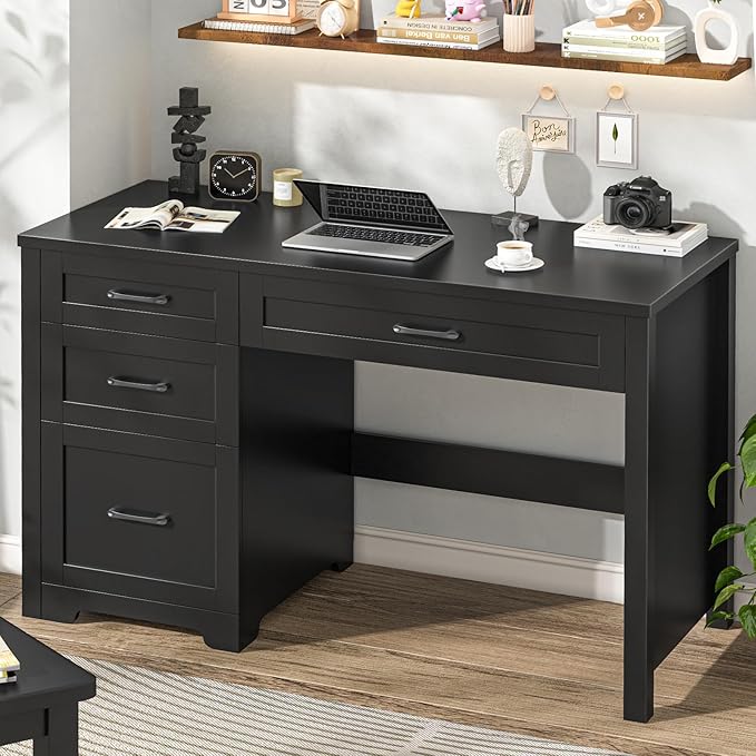 Vabches Farmhouse 47" Executive Desk with File Drawer, Wood Computer Desk with 3 Storage Drawers, Workstation for Home Office, Study, Writing.Black.