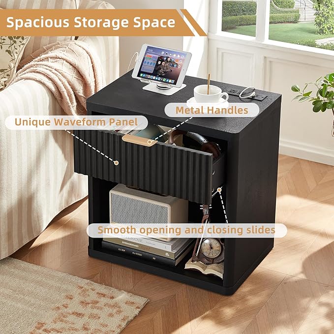 LEYAOYAO Fluted Nightstand with Charging Station, 23" Wide 1 Drawers End Table,Black Night Stand with Open Storage Cabinet, Farmhouse Bed Side Tables, Wood Dresser for Bedroom, Living Room, Closet
