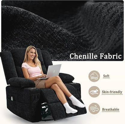 360° Rotating Adult Rocking Recliner, Baby Room Glider with Massage and Heating Functions, Rocking Chair with Cup Holder, Manual Recliner for Living and Bedroom (Fabric, Black)