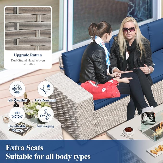 12-Piece Patio Furniture Set, Outdoor Extra Wide Armrest Modular Patio Sofa, Dual-Strand Rattan Wicker, Rust-Resistant Frame, Backyard High Back, Large Seat Furniture for Porch Garden Balcony, Blue