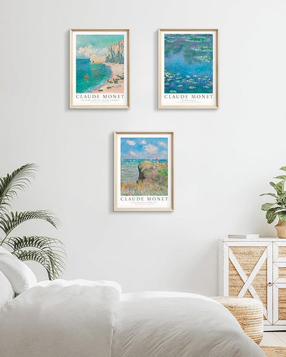 HesenDot Claude Monet Framed Wall Art,12x16in High Framed Canvas Prints, Impressionism Landscape Painting Poster Wall Decor,Vintage Home Decoration for Living Room Bedroom Gallery Office,Set of 3