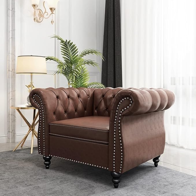 Living Room Chair, Modern Leather Chesterfield Sofa Chair, Mid Century Single Sofa Couch Chair with Tufted Back and Rolled Arms, Accent Sofa Chair for Living Room Apartment, Brown