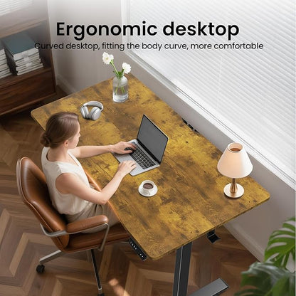 Veken 55 x 28 Inch Electric Standing Desk, Sit to Stand Up, Work Home Office Computer Table for Study, Walking Pad, Writing, and Games, Wooden Desktop Desks, Brown