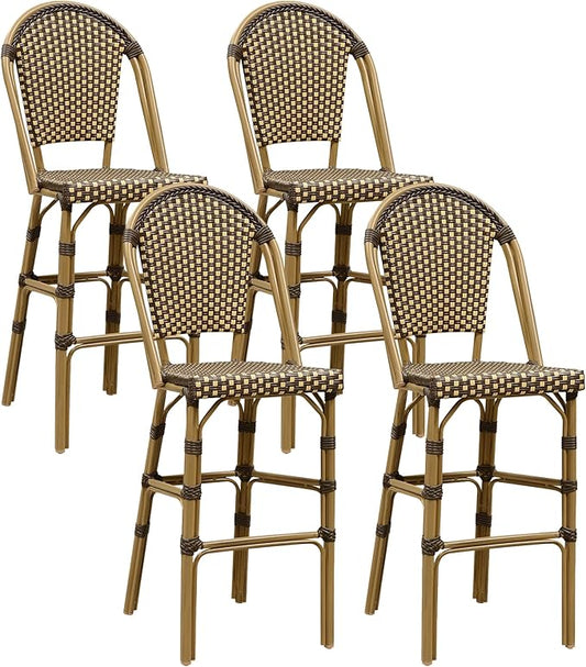 PURPLE LEAF French Bar Stool Set of 4 Bamboo Print Finish Patio Bar Stools with Back Rattan Chairs Wicker Bar Height Stool 30" with Footrest Kitchen Island Stools Outdoor Barstool Brown