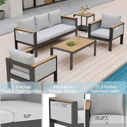 Corinth 5-Piece Aluminum Patio Conversation Set - Outdoor, Porch, Balcony, Yard, Gardern, All Weather Furniture Set with 3 Seater Sofa, White