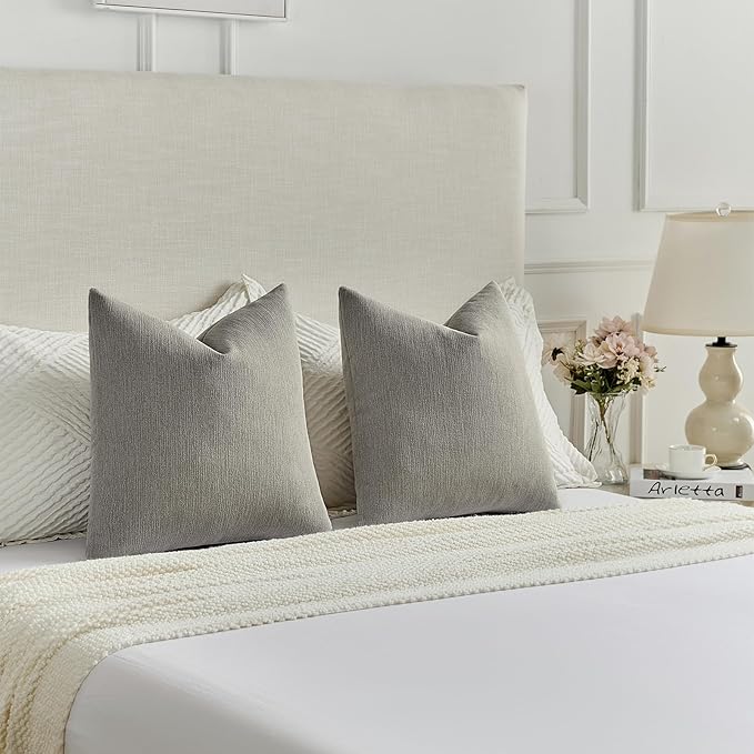 FUTEI Smoke Gray Chenille Decorative Throw Pillow Covers 20x20 Inch Set of 2,Soft Cozy Faux Linen Textured Cushion Case,Farmhouse Home Decor for Couch Living Room