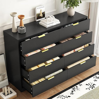 8 Drawer Dresser for Bedroom, Modern Fluted Double Dresser, 55" Wide Chest of Dressers, Wooden Beside Table for Closet, Living Room and Entryway, Black