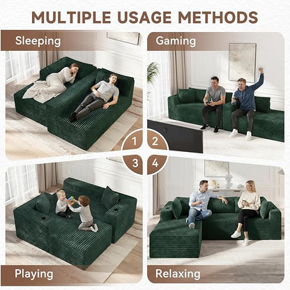 106" Cloud Couch Corduroy Modular Sectional Sofa L-Shape Boneless Couch with Wide Armrests and Cup Holders for Living Room Bedroom, No Assembly Required (Green)