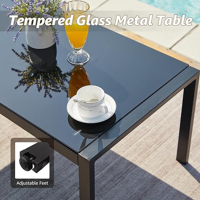 NATURAL EXPRESSIONS 4 Pieces Patio Furniture Sets,Outdoor Metal Sectional Furniture Modern Patio Conversation Set,Fauxwood Anti-Scald Armrest,Sling Mesh,Tempered-Glass Table,4" Olefin Cushions