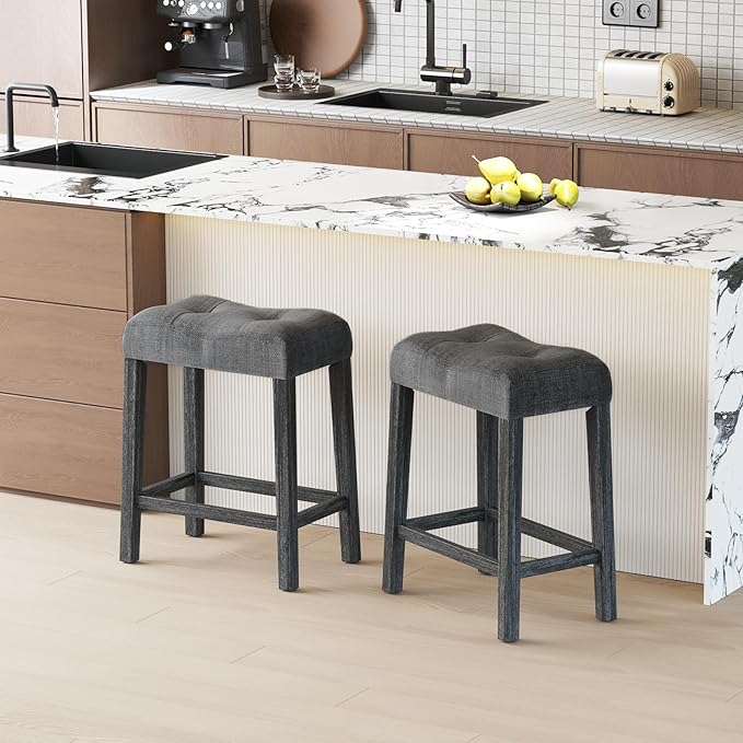 COSTWAY Wooden Saddle Stools Set of 2, 24-inch Counter Height Upholstered Backless Bar Stools with Solid Rubber Wood Legs, Padded Seat, Farmhouse Dining Chairs for Kitchen Island, Cafe, Grey