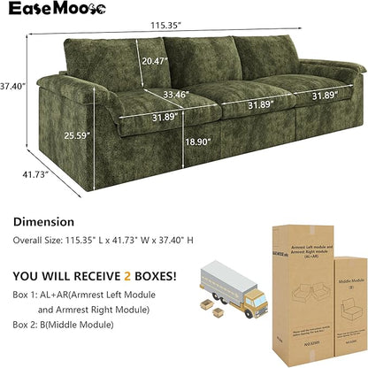 EASE MOOSE Oversized Boneless Couch for Living Room, Sectional Cloud Sofa, Modular Cloud Couch, 3-Seater Deep Seat Sofas with Pillow for Bedroom, Apartment, No Assembly Required, Chenille (Green)