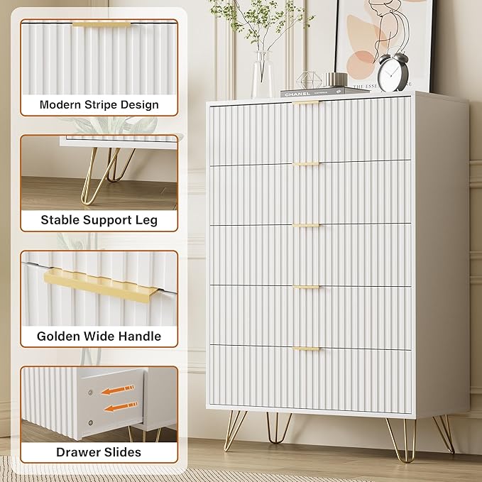 White Dresser for Bedroom, Fluted Modern Dresser with Gold Pulls and 5 Drawers, 15.7" D x 31.5" W x 47.2" H