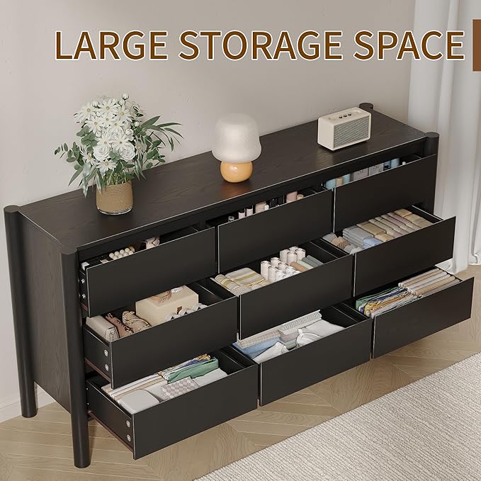 CHUWELL Dresser for Bedroom, 63" Wide Mid Century Modern Chest of Drawers with 9 Large Storage Space and 4 Solid Wood Cylindrical Legs, 9 Drawer Large Dresser for Bedroom(Black)