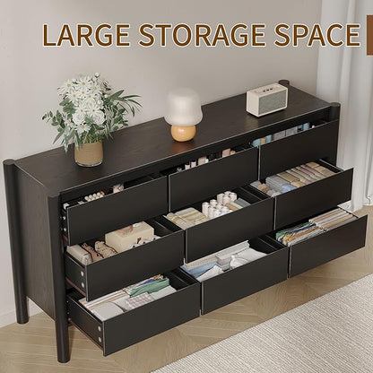 CHUWELL Dresser for Bedroom, 63" Wide Mid Century Modern Chest of Drawers with 9 Large Storage Space and 4 Solid Wood Cylindrical Legs, 9 Drawer Large Dresser for Bedroom(Black)